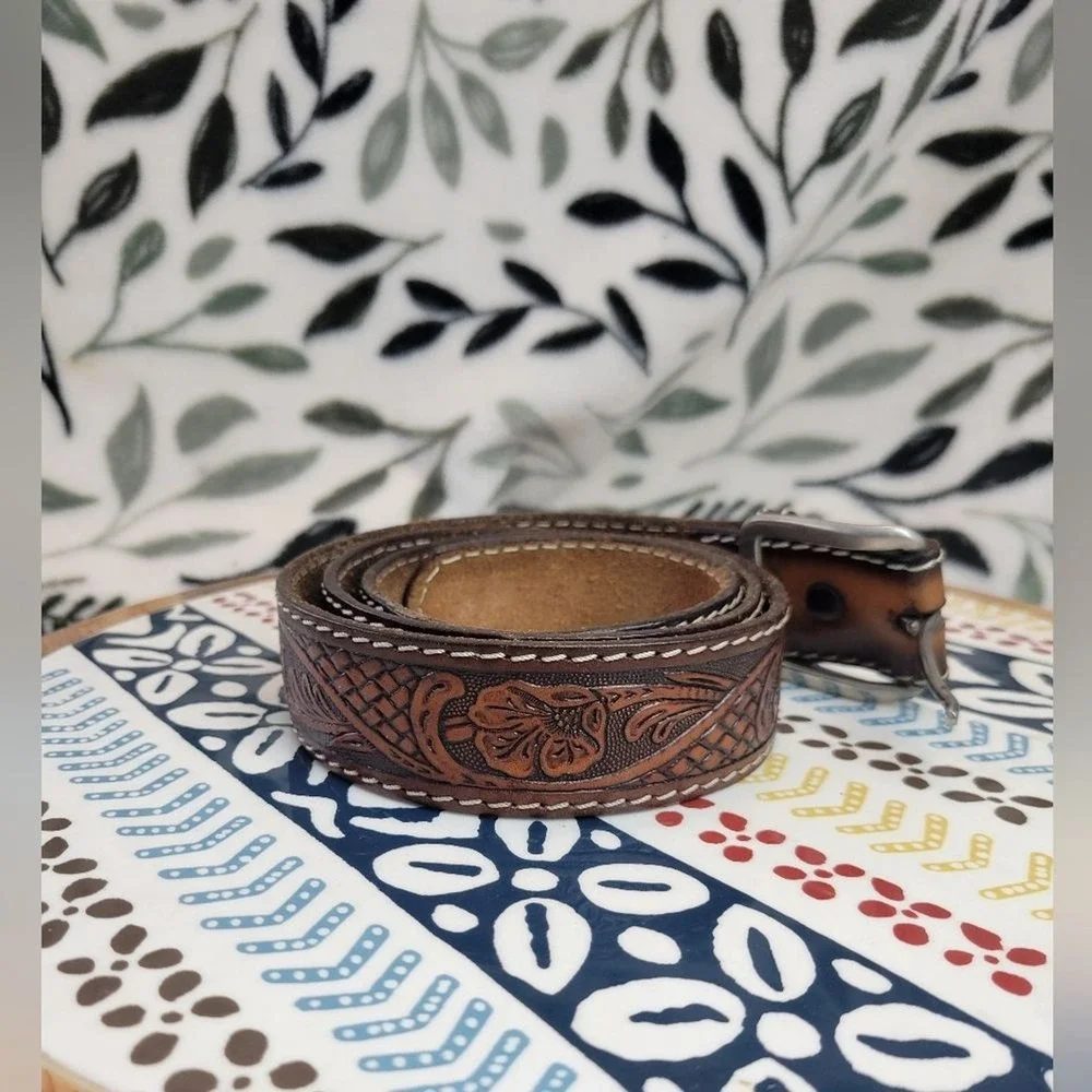 Belt Co Brown Tooled Leather Belt Men's Embellished Florid Western USA Size 38